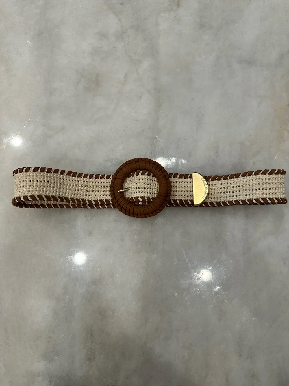 Zimmermann Beige Woven Belt with Brown Buckle and Gold Accent